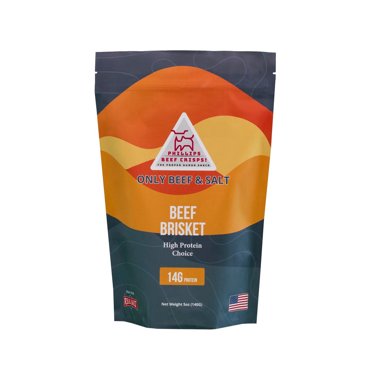 PHILLIPS BEEF CRISPS Beef Brisket pack showing rich marbling for a satisfying snack.