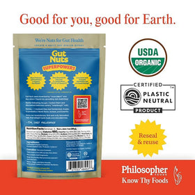 Display of Philosopher Foods Gut Nuts 3-pack pouches for easy, low-carb snacking