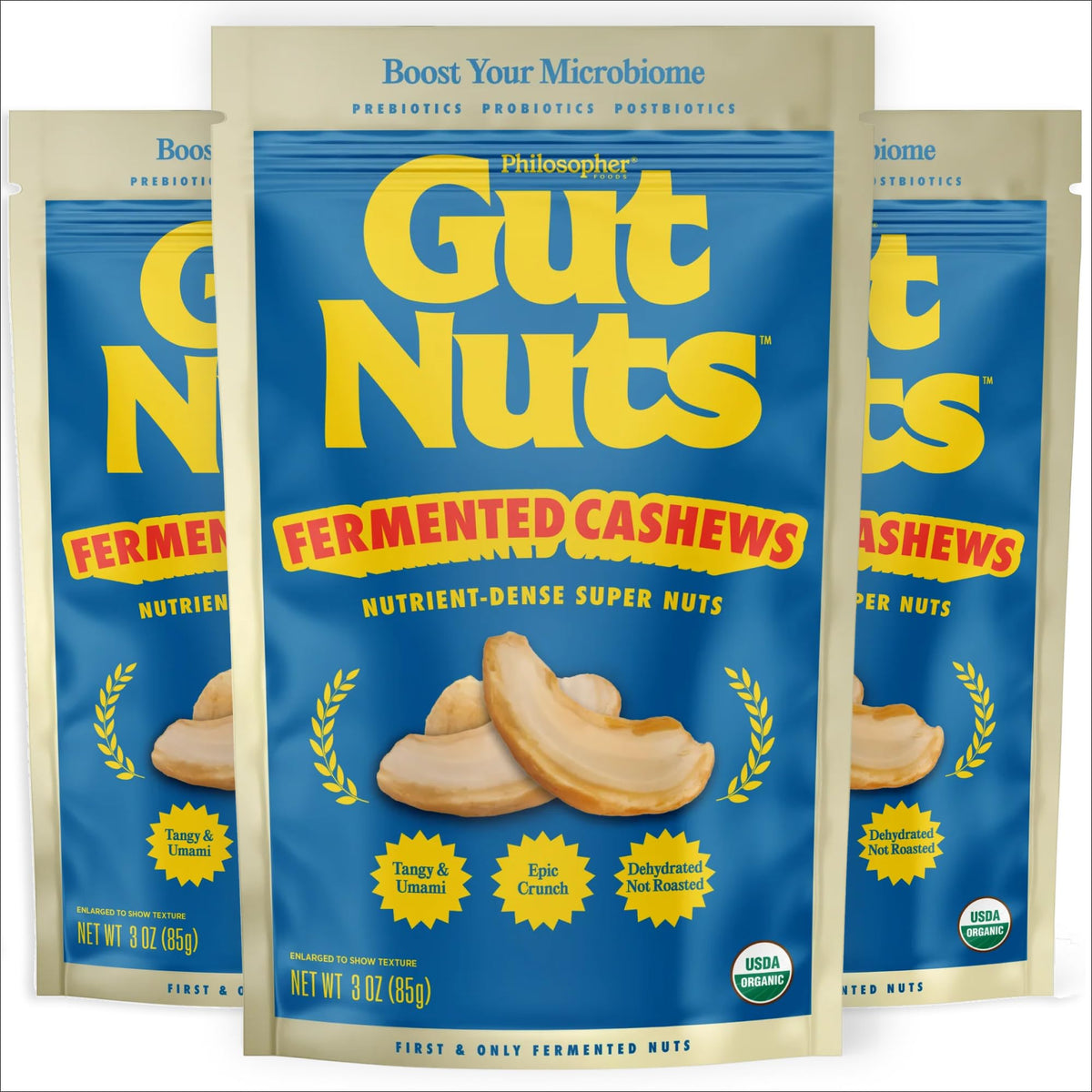 Philosopher Foods Gut Nuts fermented cashews 3oz pouch: tangy crunch and convenient snacking