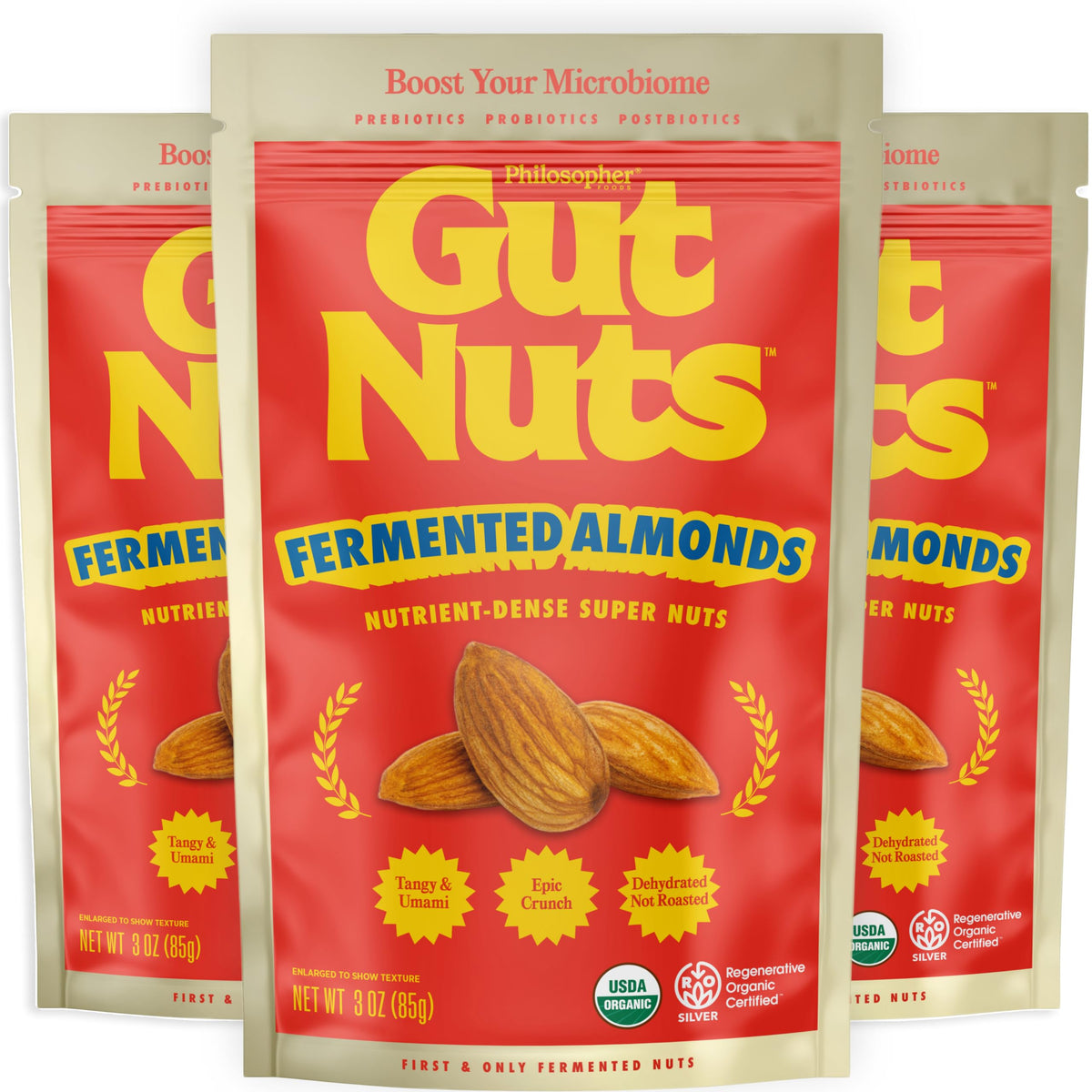 Philosopher Foods Gut Nuts pack front showing tangy fermented almonds ideal for on-the-go snacking.