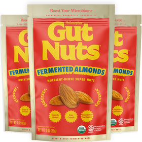 Philosopher Foods Gut Nuts pack front showing tangy fermented almonds ideal for on-the-go snacking.