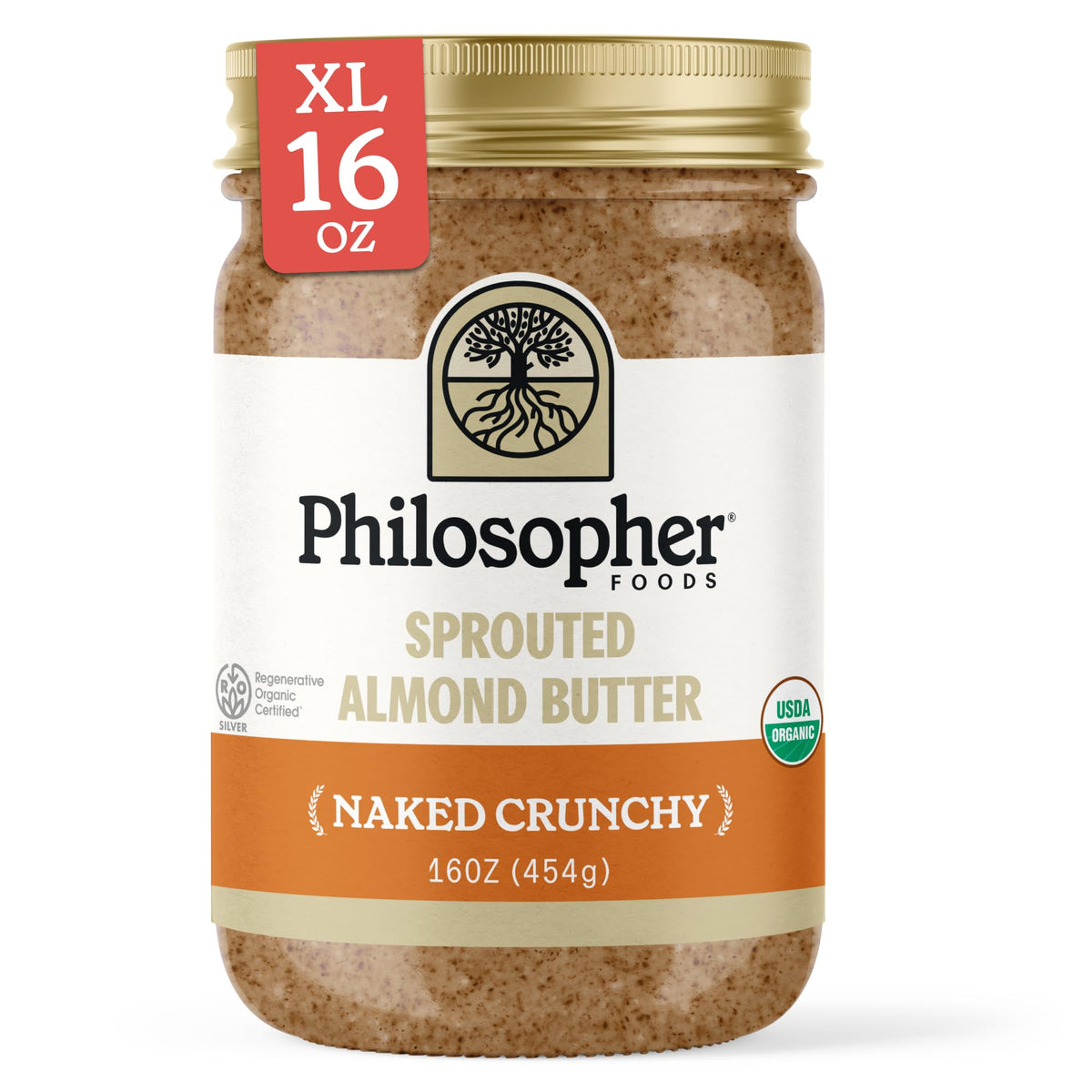 Philosopher Foods Naked Crunchy Sprouted Almond Butter jar closeup showing creamy texture and no sugar