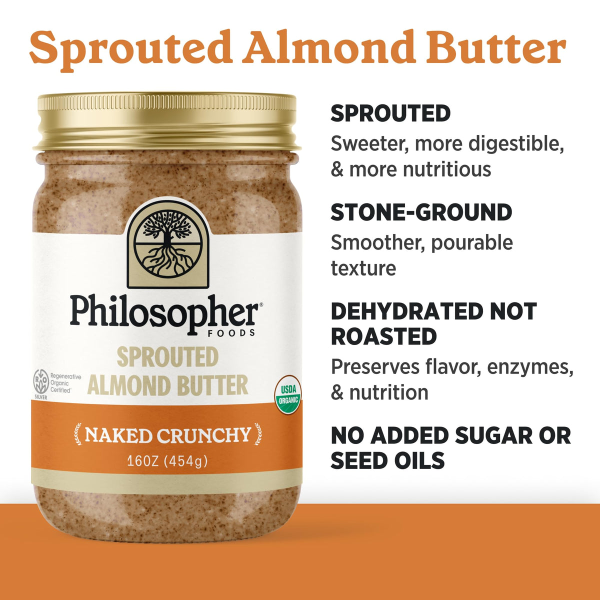 Philosopher Foods sprouted almond butter texture closeup emphasizing natural sweetness and richness