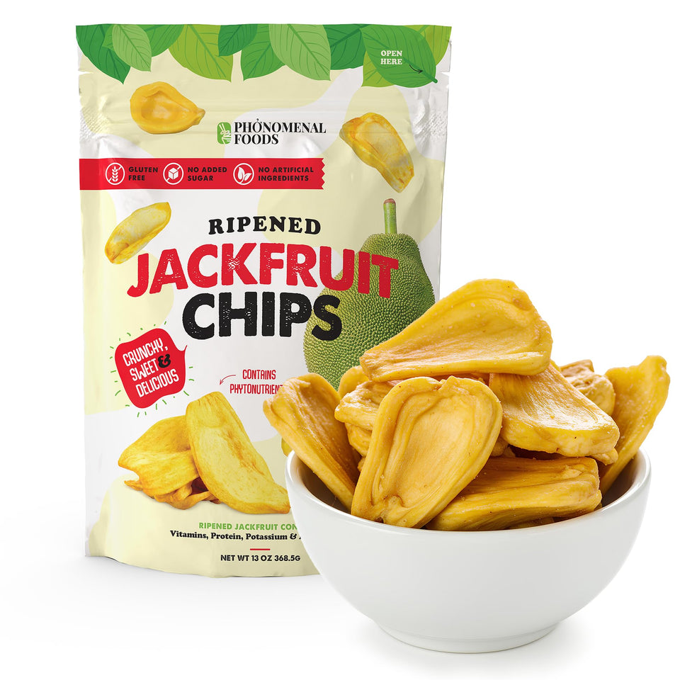 Pho'nomenal ripened jackfruit chips bag close-up, crisp texture and natural sweetness.