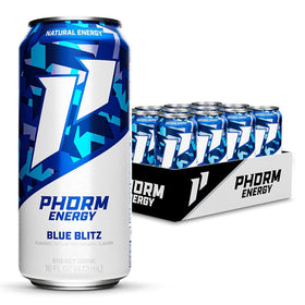 PHORM ENERGY Blue Blitz bottle front showing sleek design and energy branding.