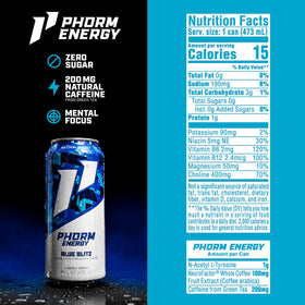 Close-up of PHORM ENERGY Blue Blitz ingredients highlighting natural caffeine and nootropics.