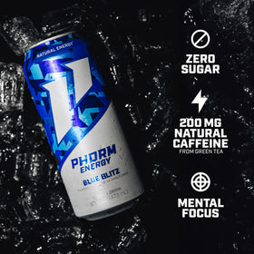 Pouring PHORM ENERGY Blue Blitz into a glass reveals tropical color and clarity.