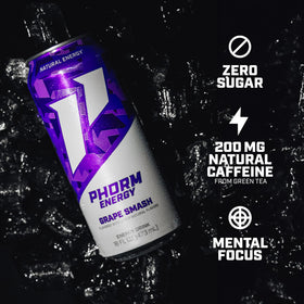 PHORM Energy Grape Smash label close-up, featuring caffeine and electrolytes.