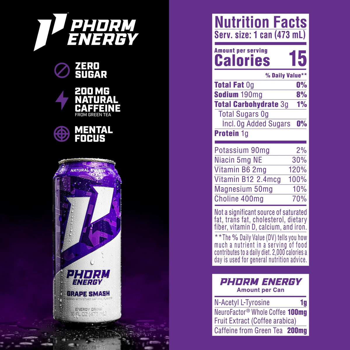 PHORM Energy Grape Smash 12-pack display, convenient on-the-go energy.