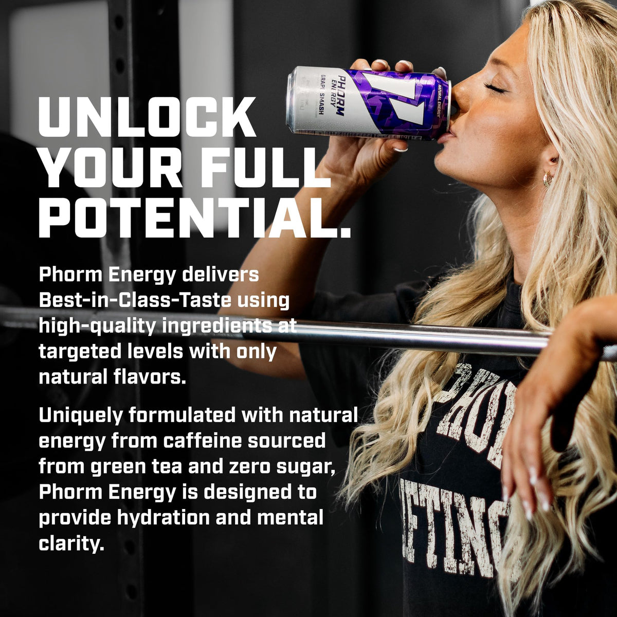 PHORM Energy Grape Smash being poured into a glass, vibrant grape flavor.
