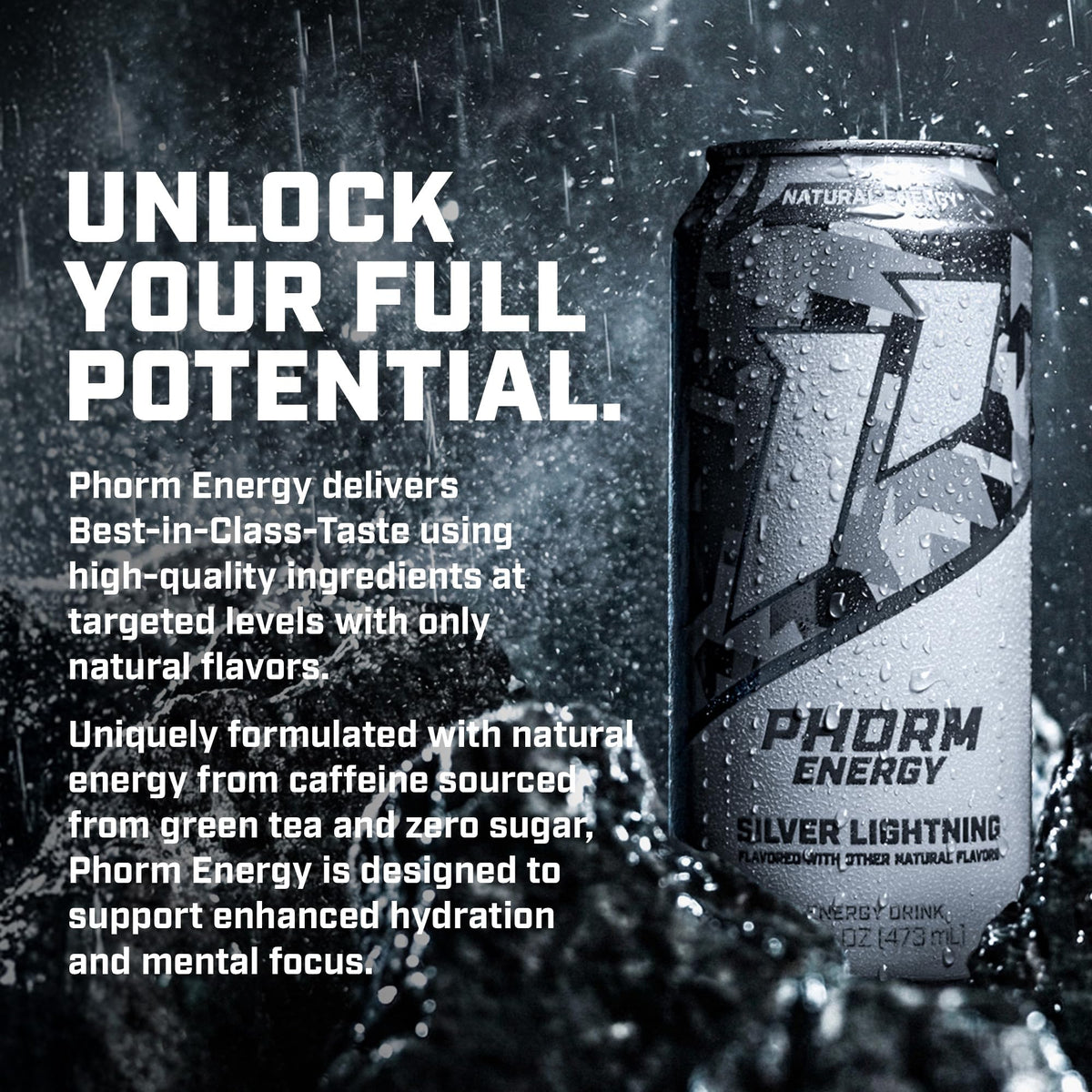 PHORM ENERGY Green Tea caffeine graphic highlights natural energy source