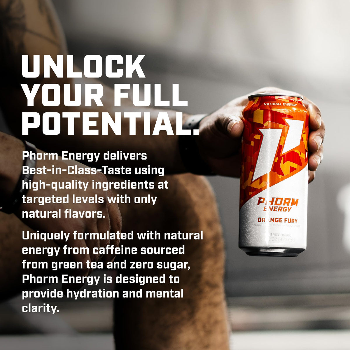 PHORM ENERGY Orange Fury can angled, natural caffeine boost from green tea.
