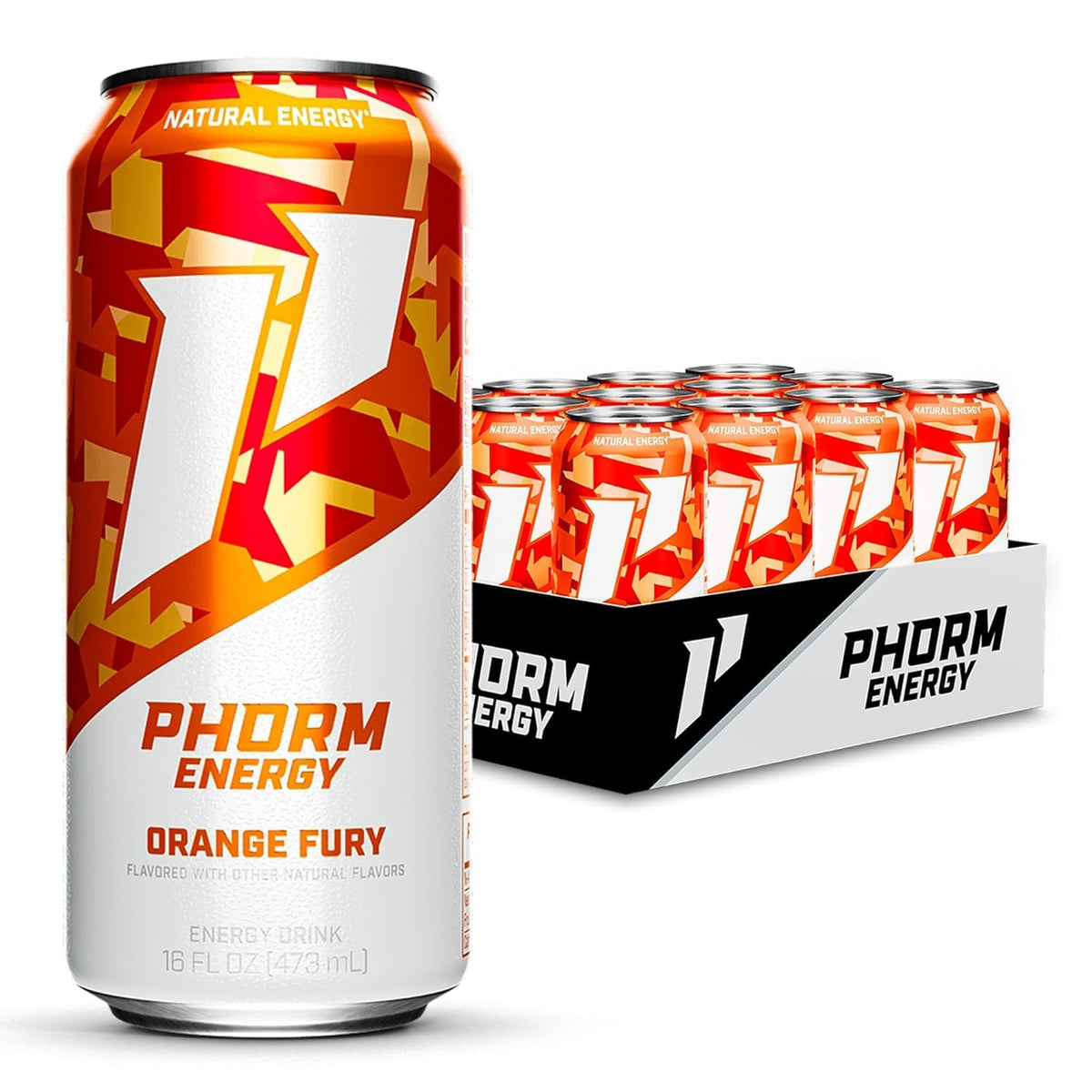 PHORM ENERGY Orange Fury can front view, sugar-free energy for sustained focus.