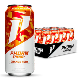 PHORM ENERGY Orange Fury can front view, sugar-free energy for sustained focus.