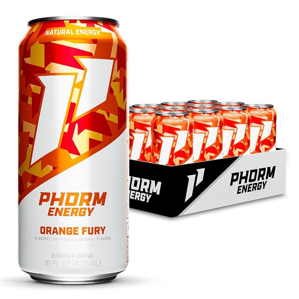 PHORM ENERGY Orange Fury can front view, sugar-free energy for sustained focus.