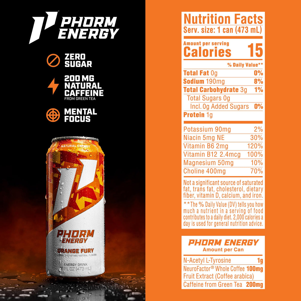 PHORM ENERGY Orange Fury label closeup, NeuroFactor and Huperzine A focus support.