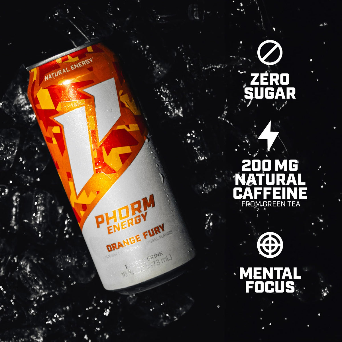 PHORM ENERGY Orange Fury refreshing pour, zero sugar and electrolyte balance.