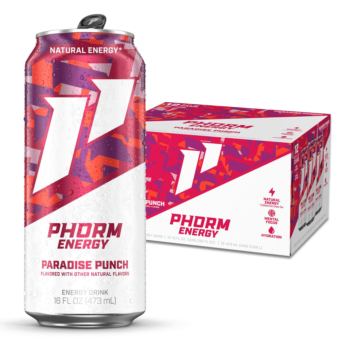PHORM ENERGY Paradise Punch can front shows vibrant color for sugar-free energy
