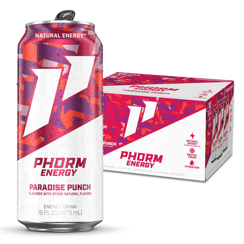 PHORM ENERGY Paradise Punch can front shows vibrant color for sugar-free energy