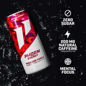 PHORM ENERGY Paradise Punch ingredients scene emphasizes green tea caffeine and electrolytes