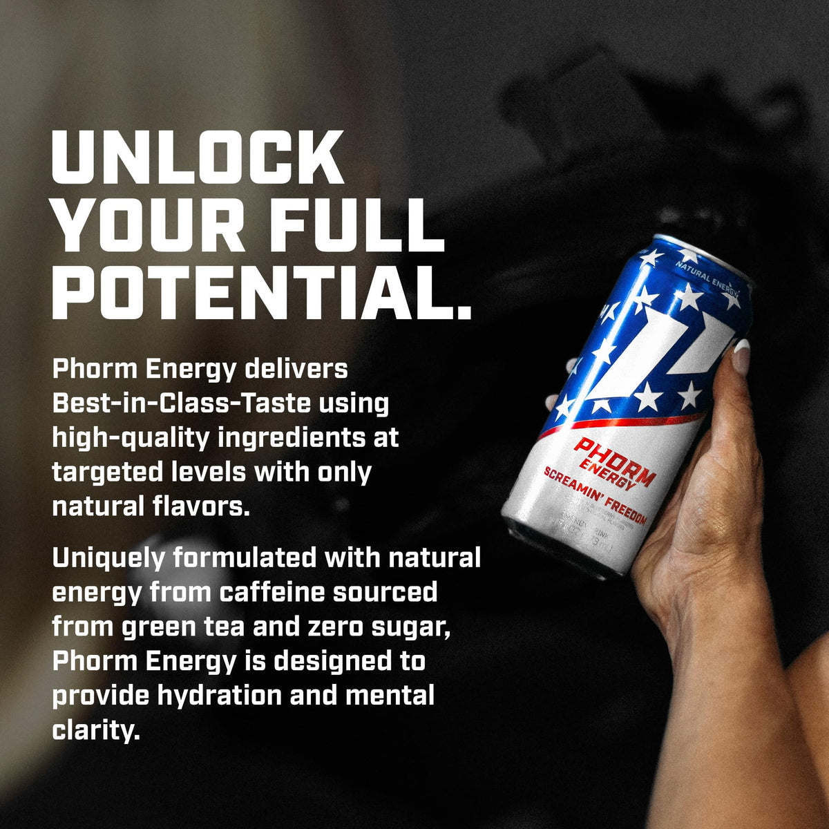 Phorm Screamin’ Freedom can side angle shows 16 oz size for on-the-go energy
