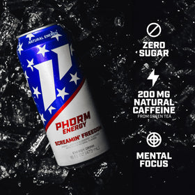 Phorm Energy Screamin’ Freedom pack shot communicates a 12-can value pack