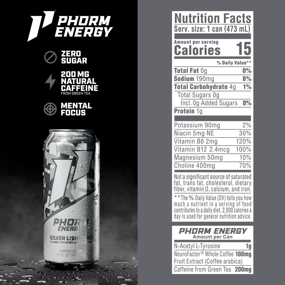 PHORM ENERGY Silver Lightning being poured into a glass for crisp carbonation