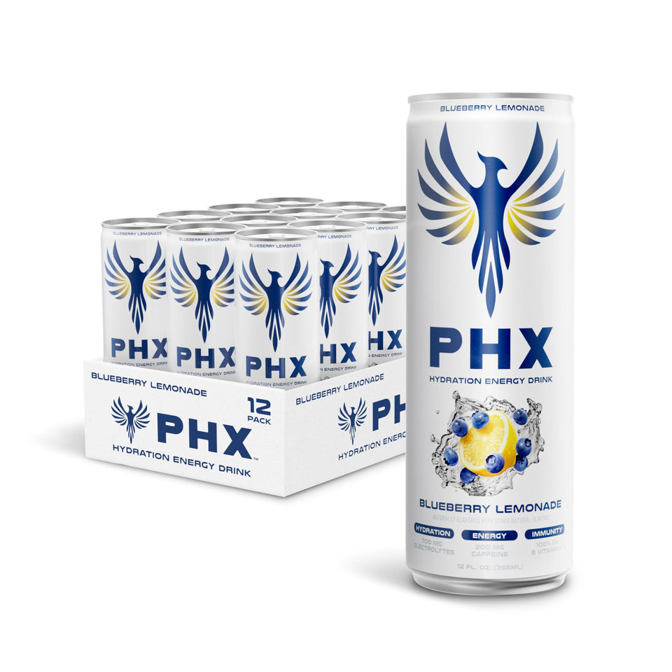PHX Hydration Energy Drink can front showcases Blueberry Lemonade for on-the-go hydration