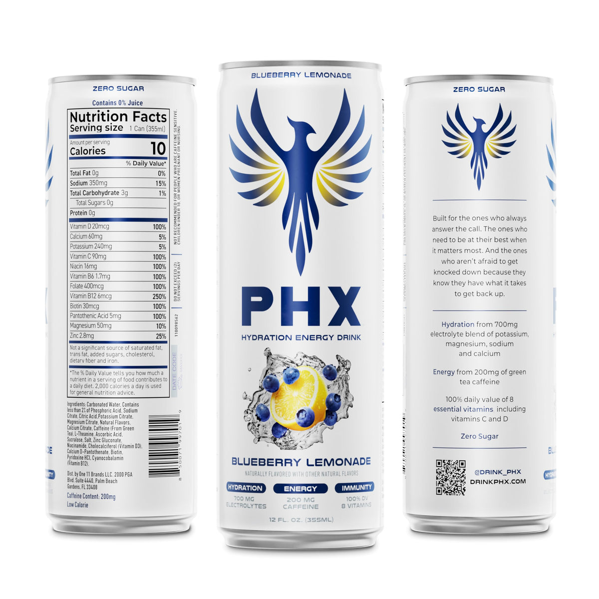 Close-up label of PHX can emphasizes zero sugar and low calories