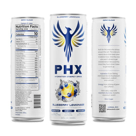 Close-up label of PHX can emphasizes zero sugar and low calories