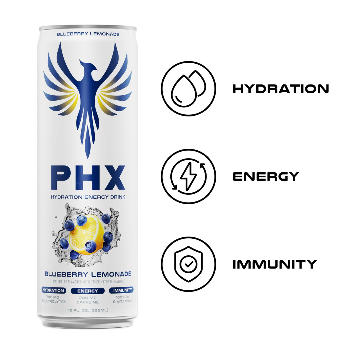 12 pack of PHX Hydration Energy Drink Blueberry Lemonade ready for shelves
