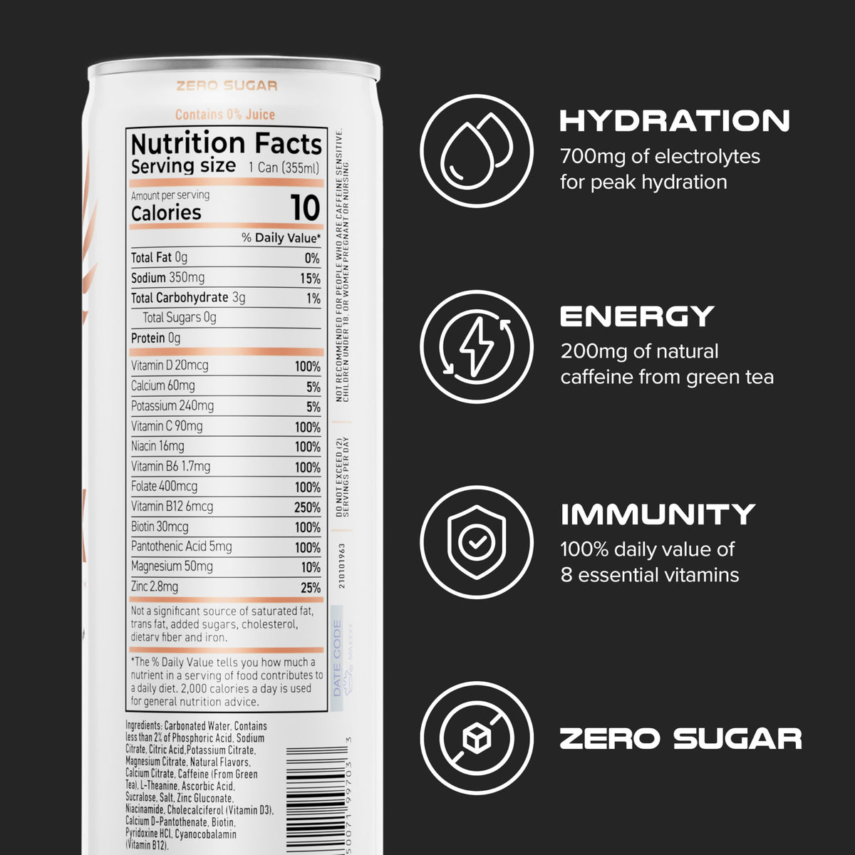 PHX Hydration Energy Drink can back reveal ingredients and nutrition highlights