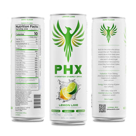 PHX 12-pack Lemon Lime cans arranged for sharing at workouts.