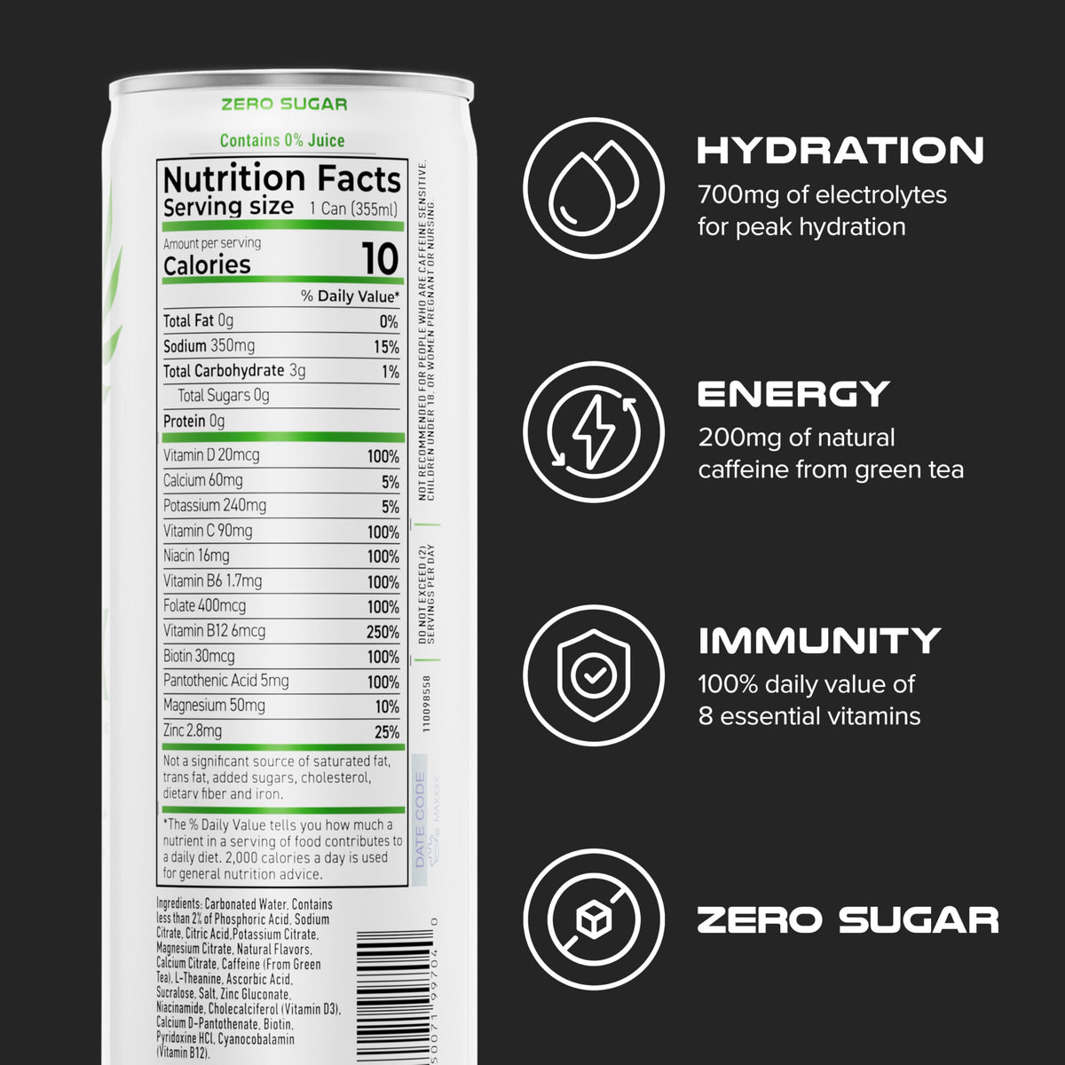 PHX Hydration Energy Drink Lemon Lime side-label view highlighting electrolytes and caffeine.