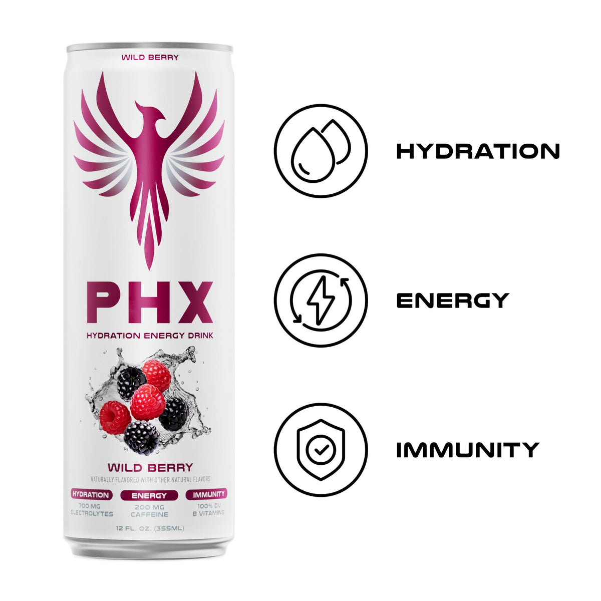 PHX bottle highlights vegan-friendly ingredients and no artificial flavors.