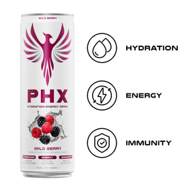 PHX bottle highlights vegan-friendly ingredients and no artificial flavors.