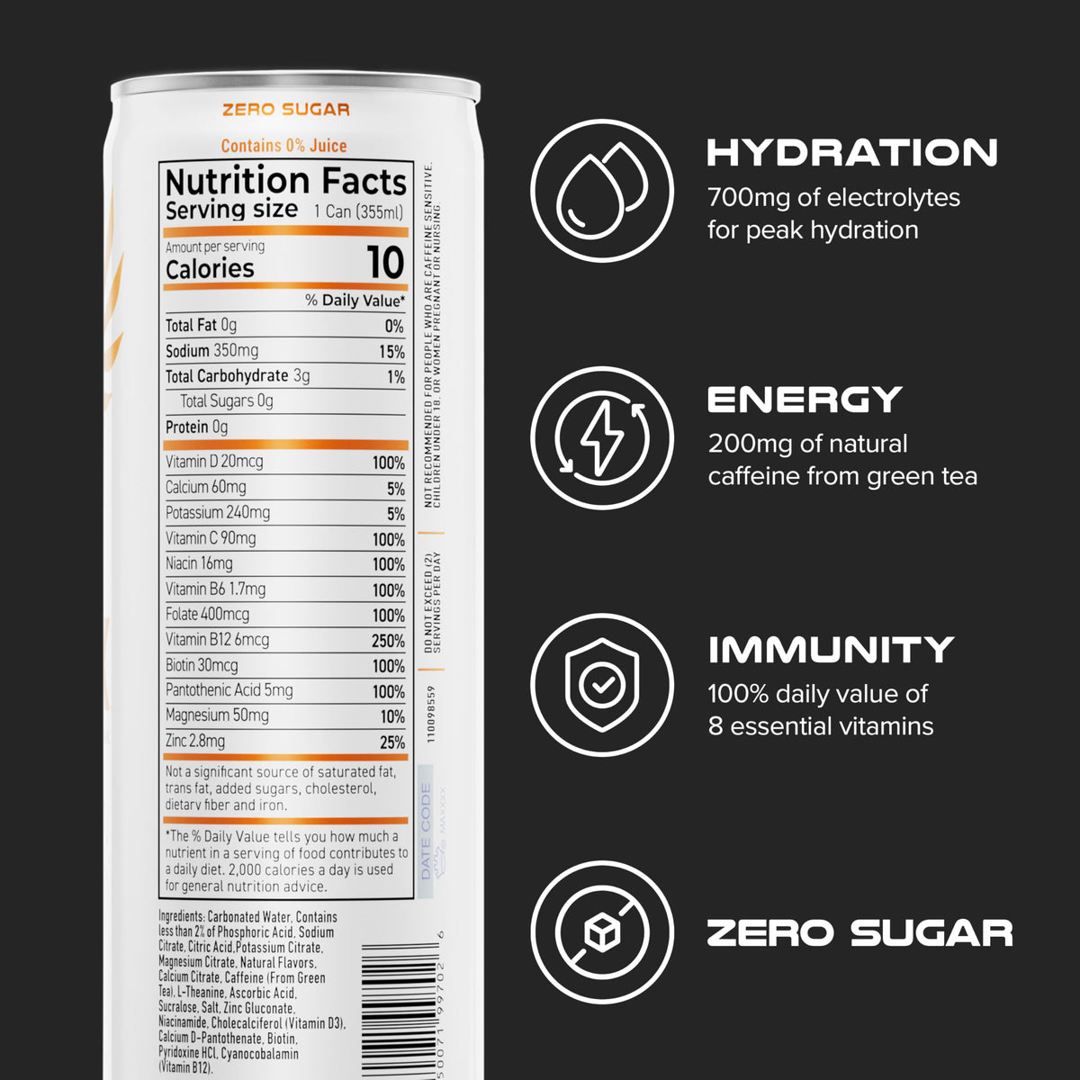 PHX Hydration Energy orange can close-up highlights 700mg electrolytes for hydration