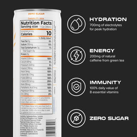 PHX Hydration Energy orange can close-up highlights 700mg electrolytes for hydration