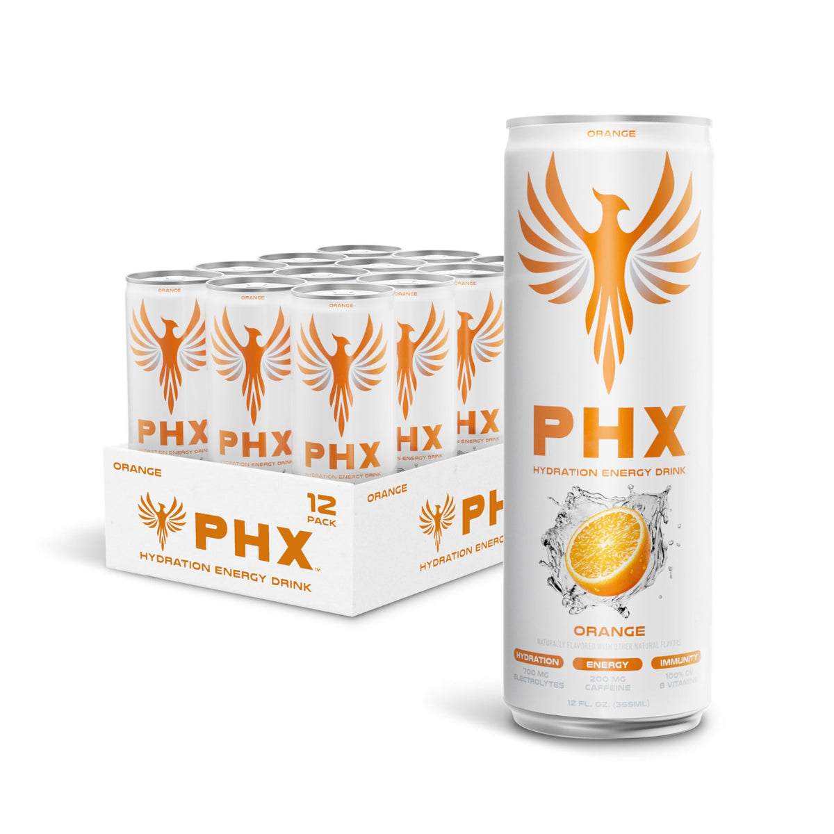 PHX Hydration Energy orange can front view shows steady energy for workouts