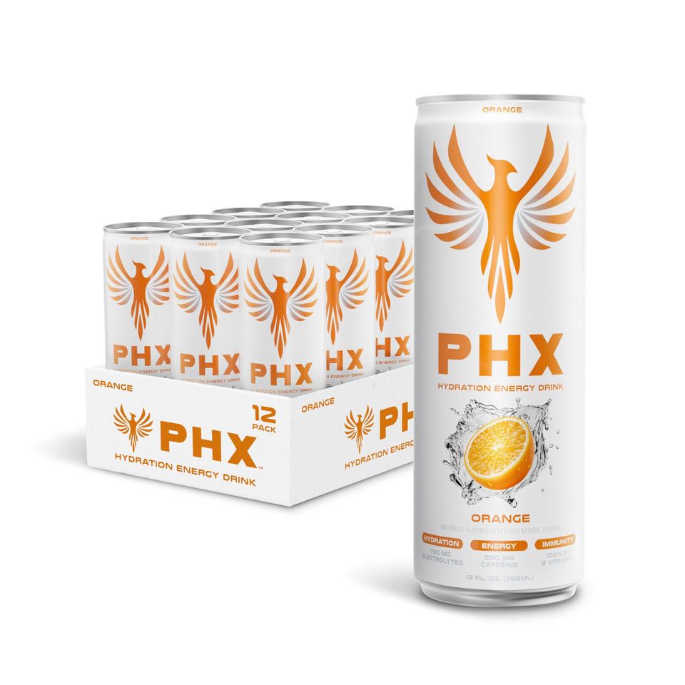 PHX Hydration Energy orange can front view shows steady energy for workouts
