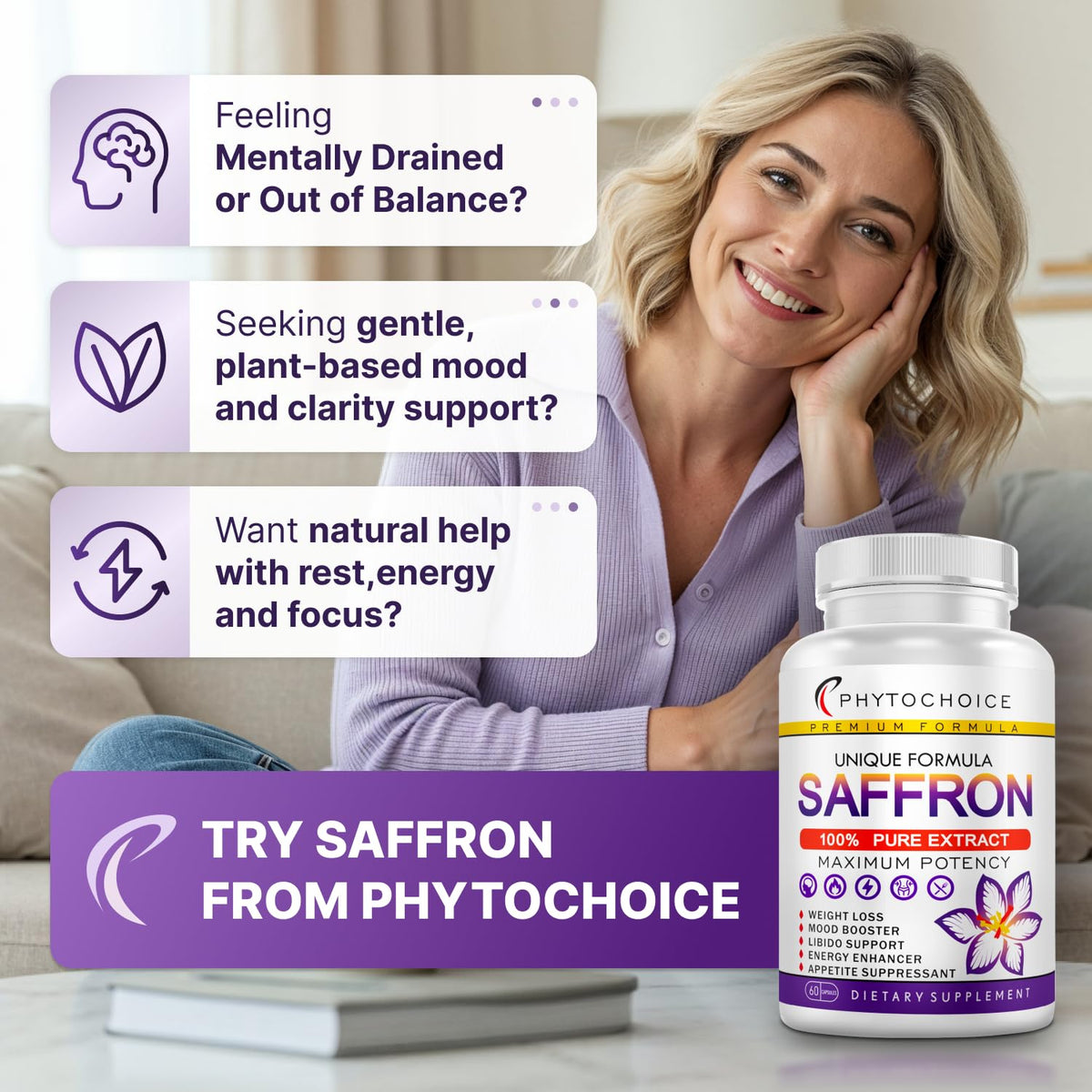 PHYTOCHOICE saffron bottle pour showing convenient supplementation for focus.
