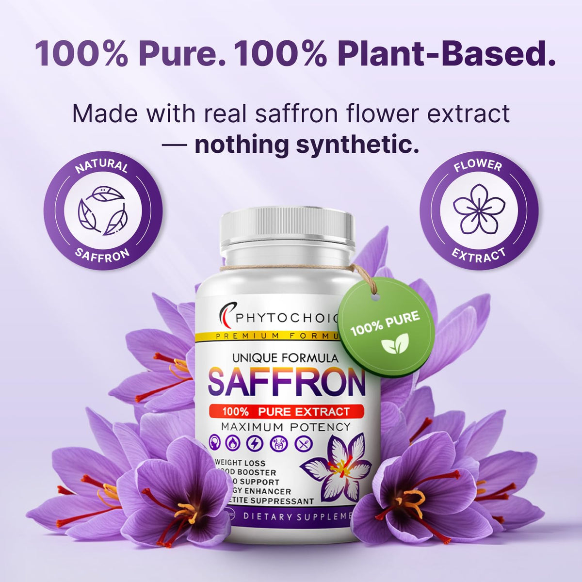 PHYTOCHOICE saffron capsules amber bottle for convenient daily supplementation.