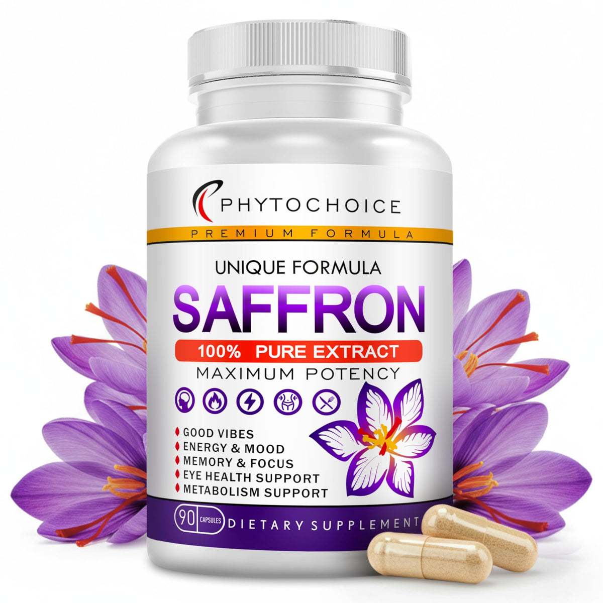 PHYTOCHOICE saffron capsules close-up highlighting easy daily mood support.