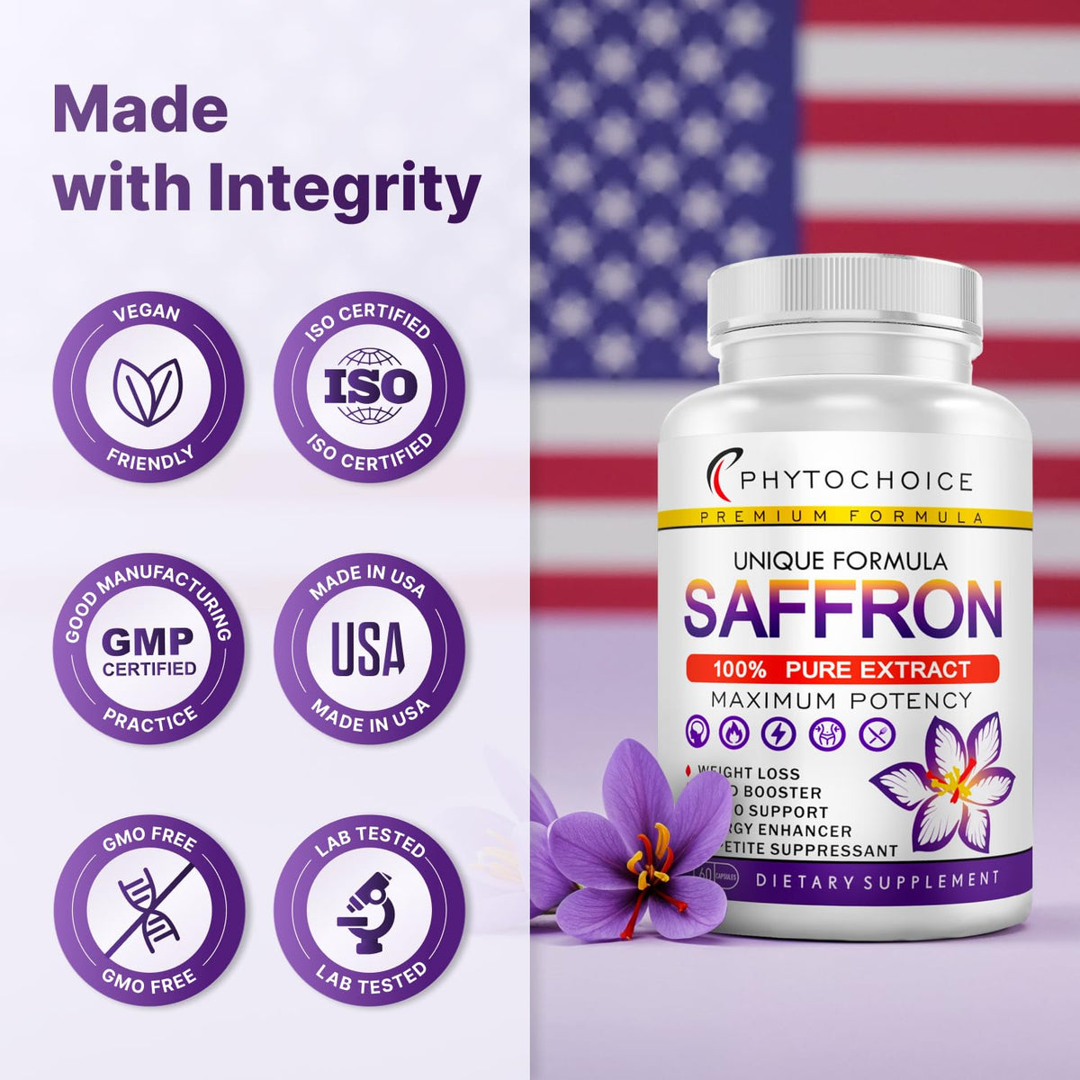 PHYTOCHOICE saffron USA-made logo reinforces domestic production quality.