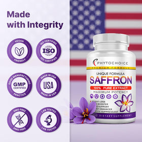 PHYTOCHOICE saffron USA-made logo reinforces domestic production quality.