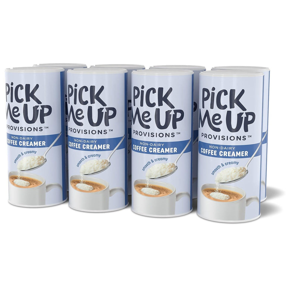 Pick Me Up Provisions powdered creamer canister, dairy-free option for busy offices and cafes.