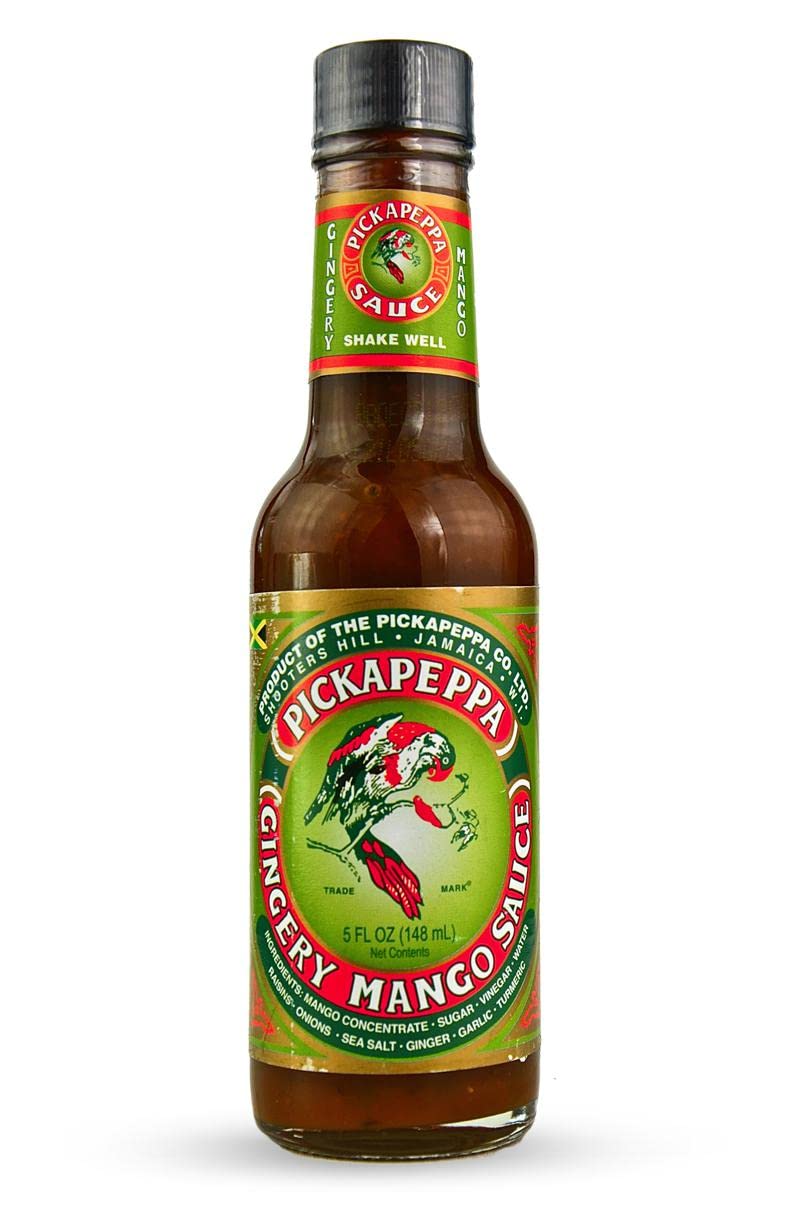 Pickapeppa Mango Sauce gingery bottle pour for grilled dishes