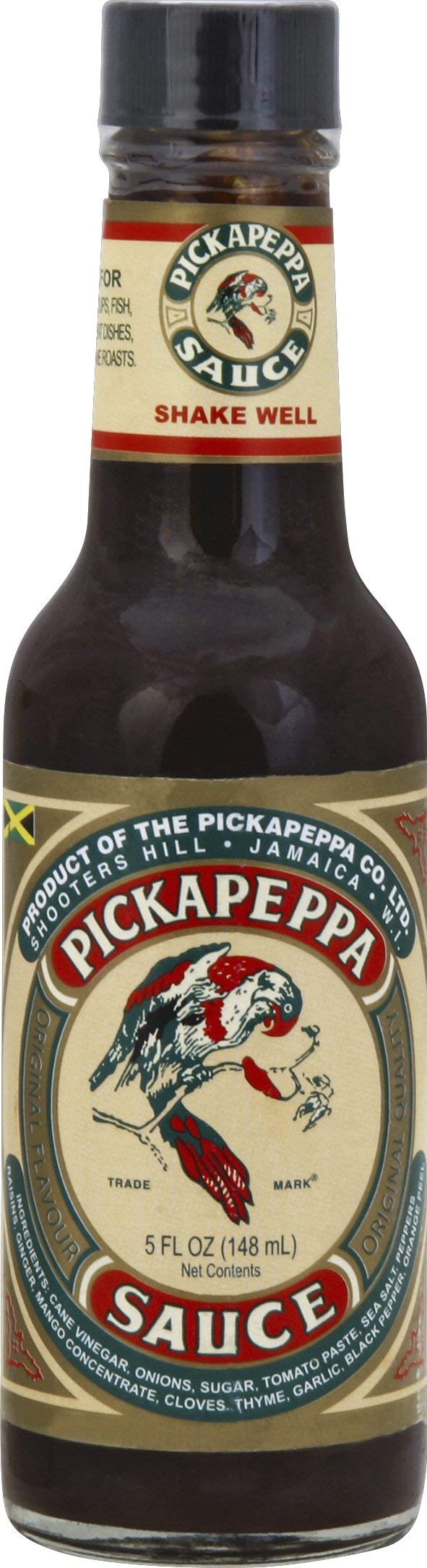 Pickapeppa Sauce bottle enhances seafood, gravies, and cheese dishes with balanced tropical spice.