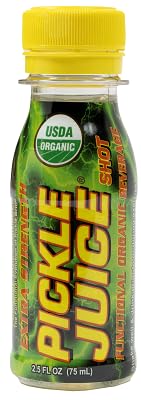 Pickle Juice bottle closeup highlights strong electrolytes for rapid recovery.