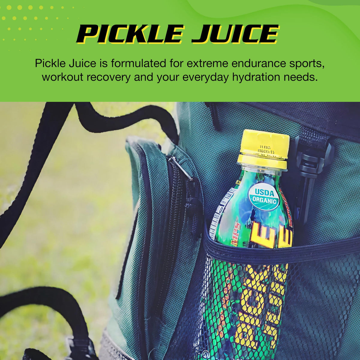 Close-up of Pickle Juice bottle pouring for quick cramps relief mid-workout.